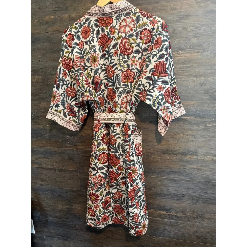 Pottery Barn Floral Block Print Robe Multicolor Cotton Kimono Wrap Belted O/S - Picture 2 of 4